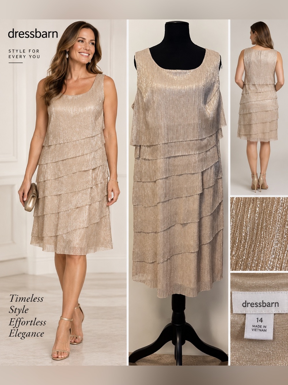 Dressbarn Gold Shimmer Tiered Ruffle Cocktail Dress Size 14